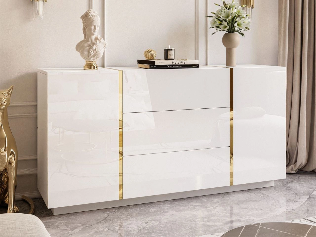 Zweitürige Kommode 158 cm mit drei Schubladen Lunelie Weißglanz