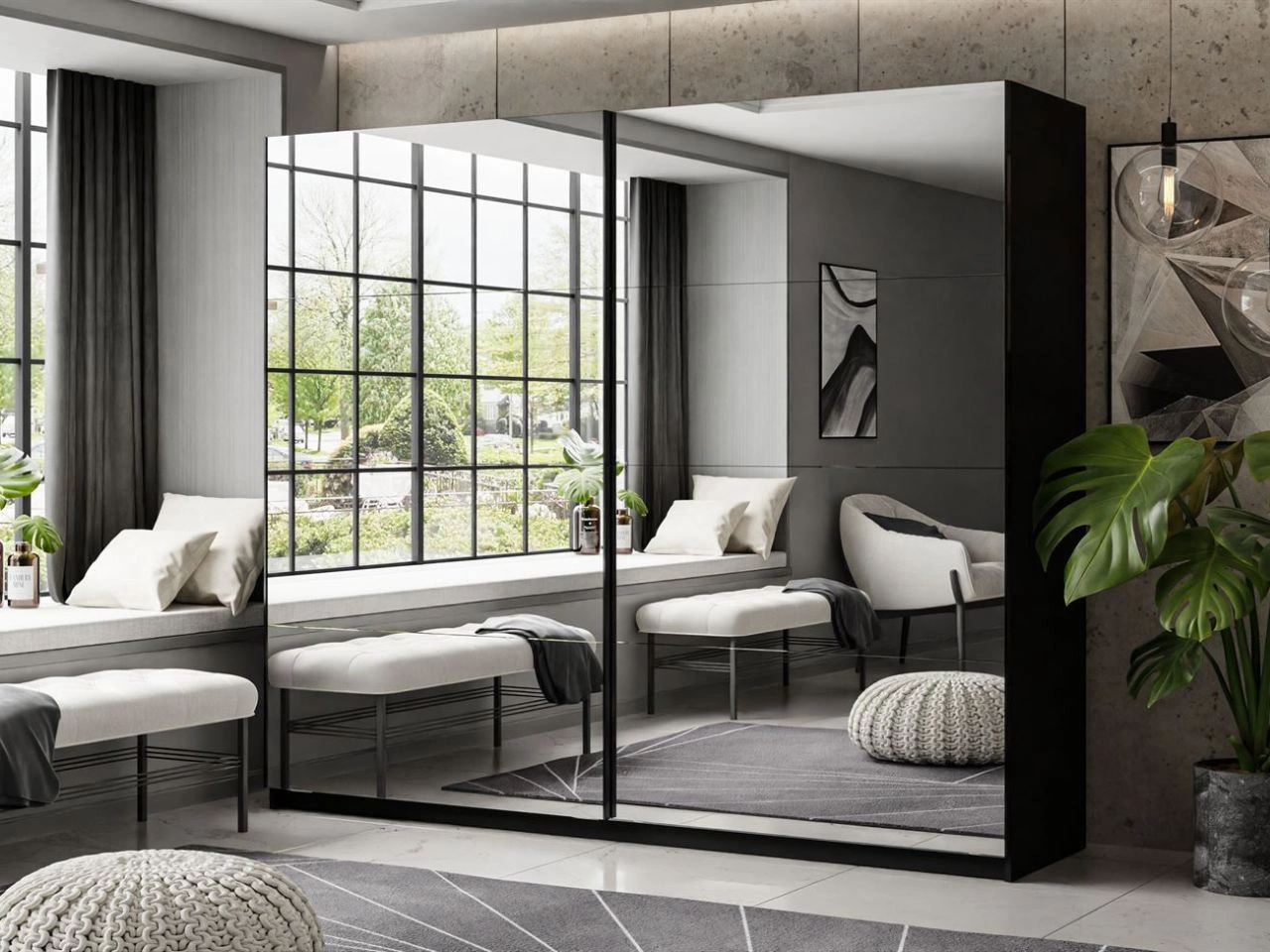 Schwebetürenschrank Zweitüriger mit Spiegeln 244 cm Nuveo Schwarz Hochglanz