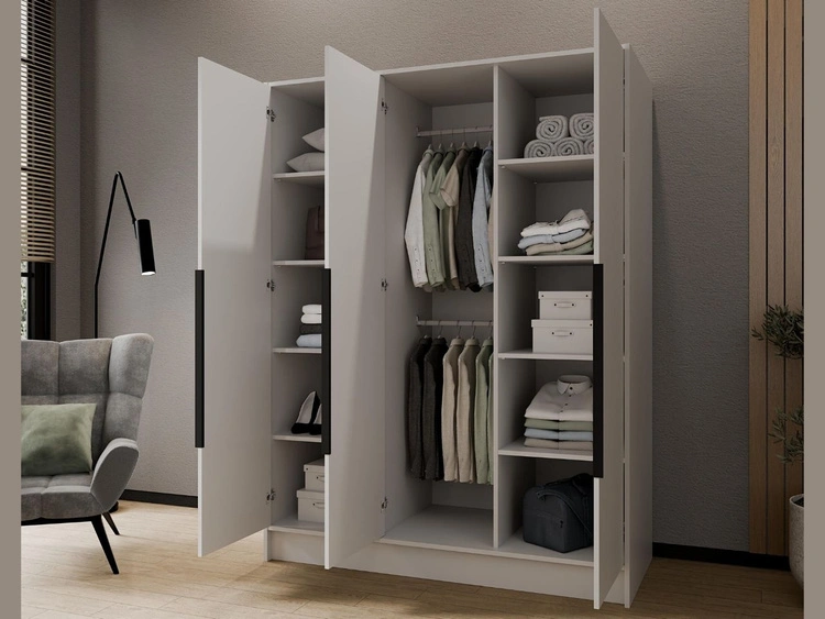 Kleiderschrank mit Spiegel 150 cm Lucca Weiß mit schwarzen Griffen