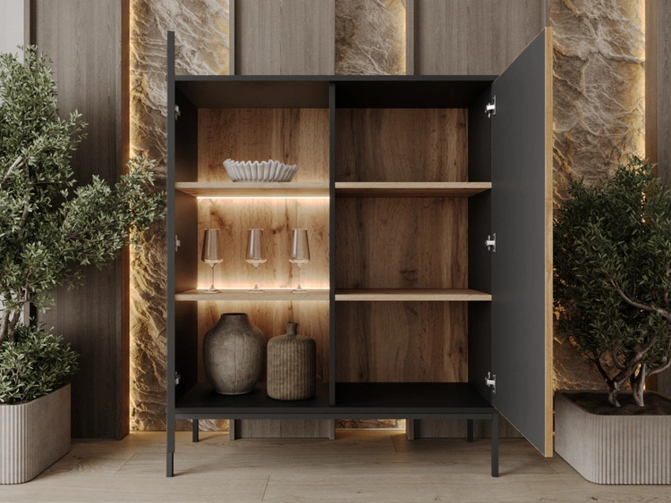 Vitrinenschrank mit Led Deo 126 cm Schwarz, EIche Wotan