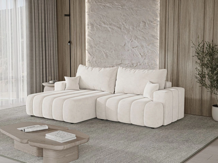 Ecksofa L-Form Links mit Schlaffunktion und Bettkasten Caleo Creme