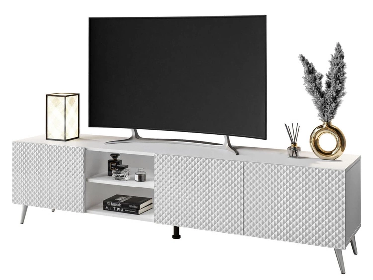 TV-Schrank mit 3D-gefrästen Fronten und verchromten Metallbeinen Celiane Weiß Glanz