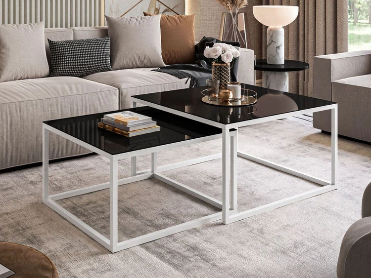 Couchtisch auf weißem Gestell mit Glasplatte Asumi Schwarz 35x41
