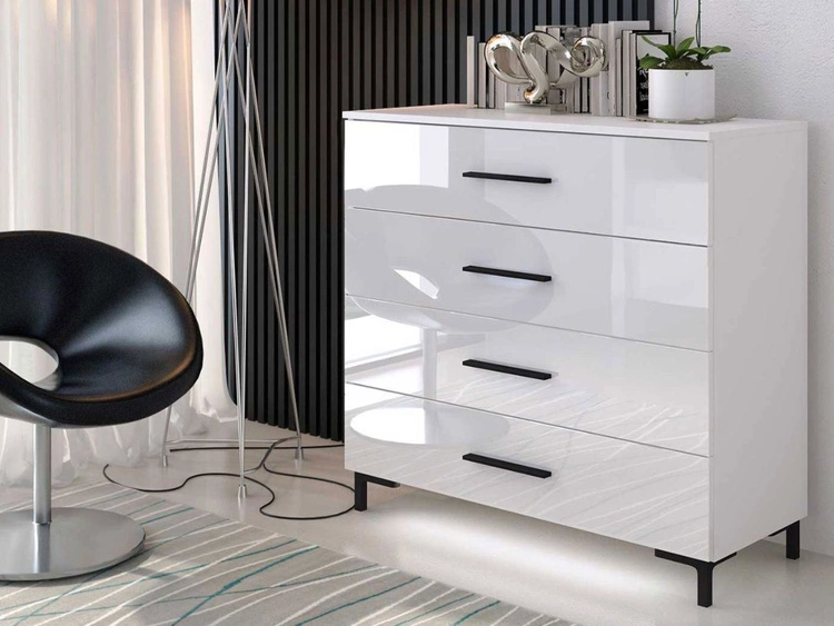 Kommode mit vier Schubladen und LED-Beleuchtung auf Schwarzen Beinen Nuveo Weiß Hochglanz