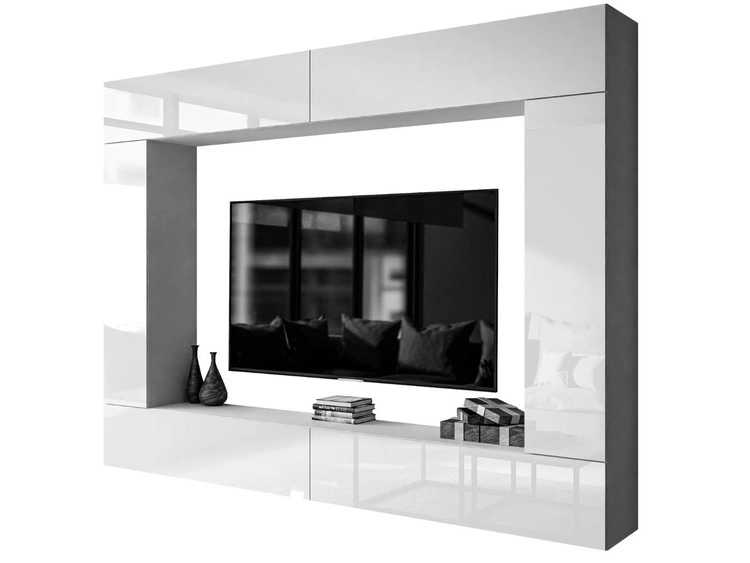 Hängende Wohnwand für das Wohnzimmer mit LED-Beleuchtung Nodoo Weiß Hochglanz