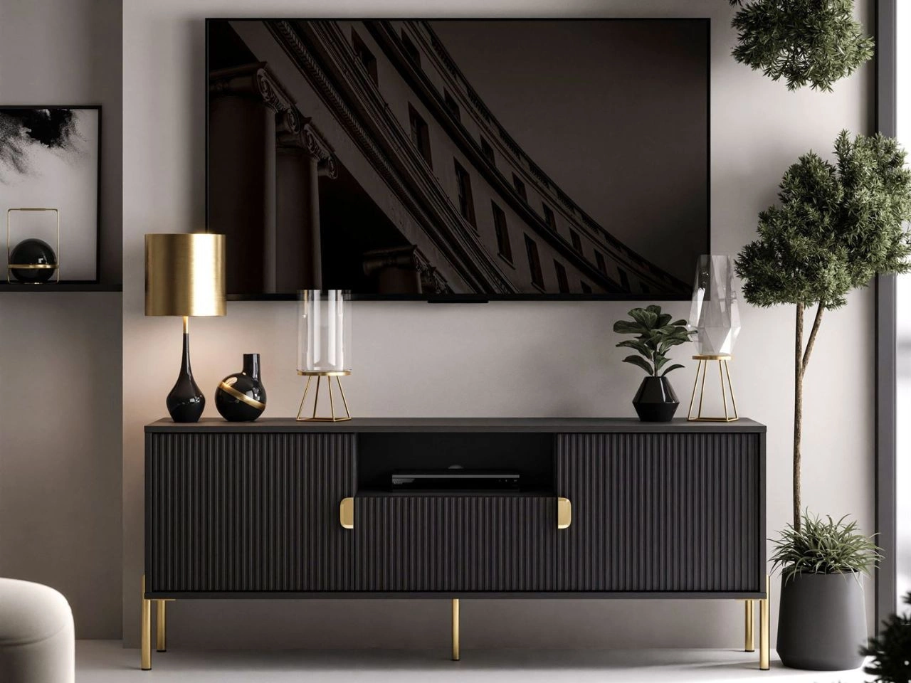 TV-Lowboard zweitürig mit Schublade und goldenen Metallfüßen Orlean Schwarz Matt