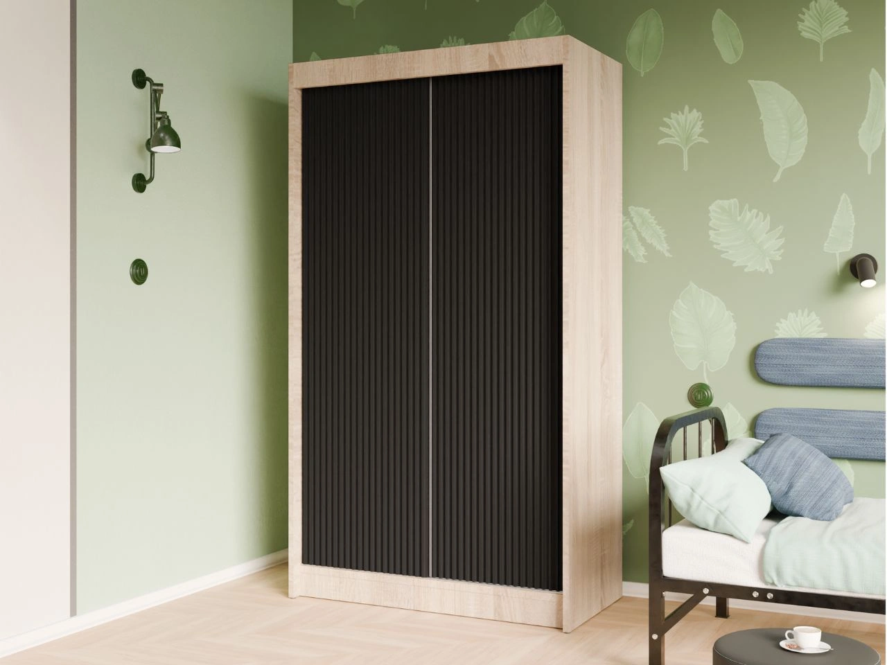 Schiebetürenschrank mit geriffelter Front 120 cm Fano Eiche Sonoma, Schwarz