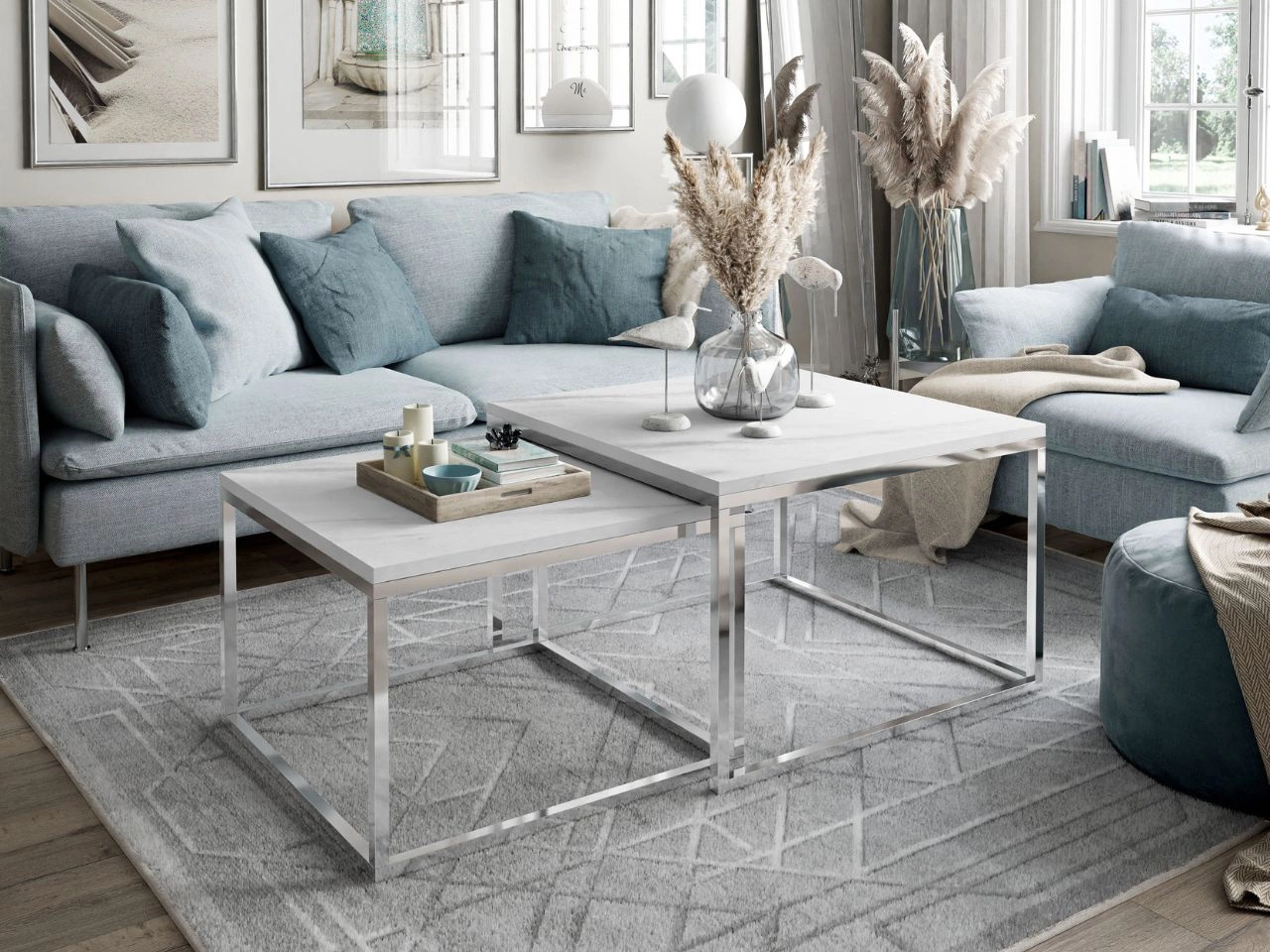 Couchtisch auf Chromgestell mit weißer Marmorimitat Asumi 40x46