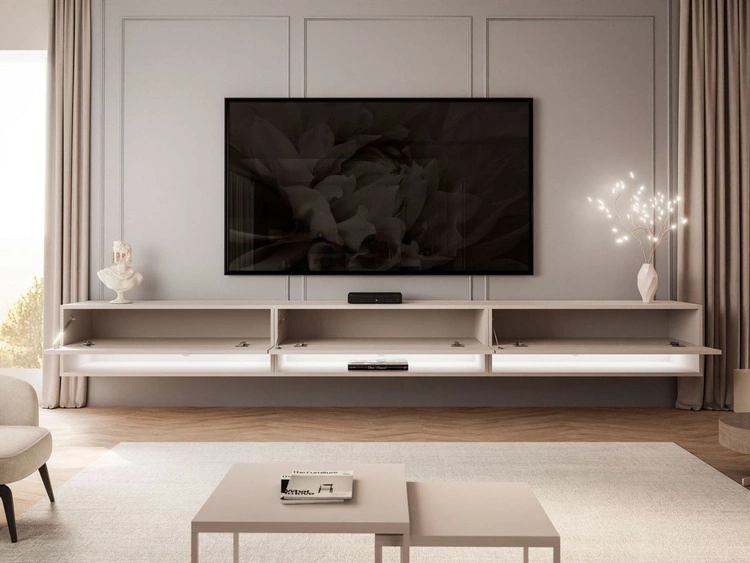Hänge TV-Schrank 270 cm für Wohnzimmer mit LED-Beleuchtung Aurelie Kaschmir matt