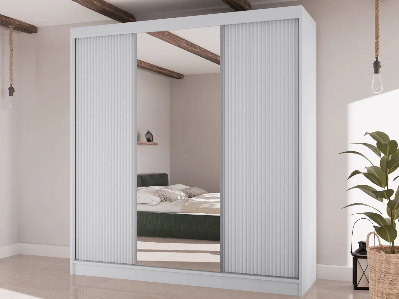 Schiebetürenschrank mit geriffelter Front und Spiegel 200 cm Rivas Weiß