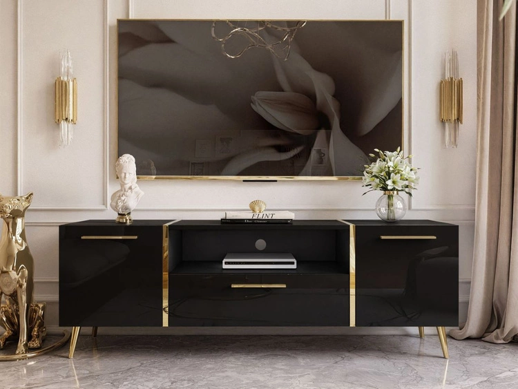 TV-Schrank im Glamour-Stil mit Schränken und Schublade Lunelie Schwarz Hochglanz