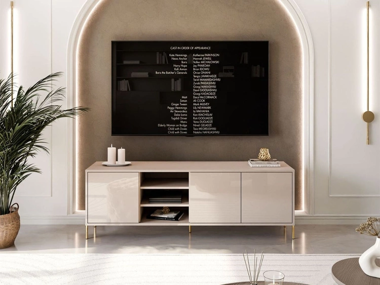 TV-Lowboard im Glamour-Stil mit Türen auf geraden goldenen Füßen Vivance, Kaschmir Hochglanz