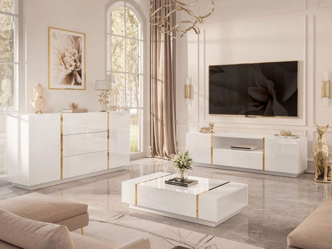 Wohnzimmer-Set im Glamour-Stil Lunelie Weiß Hochglanz