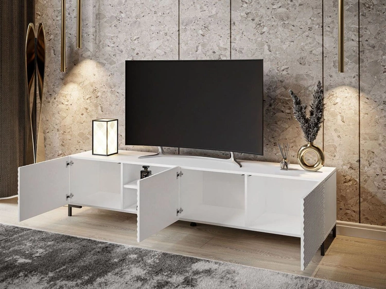 TV-Schrank mit schwarzen Kunststoffbeinen und 3D-gefrästen Fronten Celiane Weiß Glanz