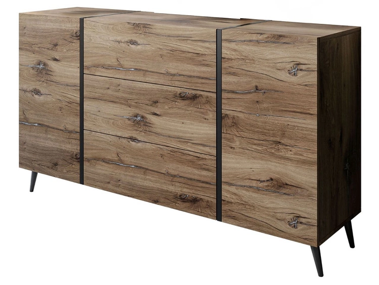 Zweitürige Kommode 158 cm mit drei Schubladen und Metallbeinen Lunelie Flagstaff-Eiche