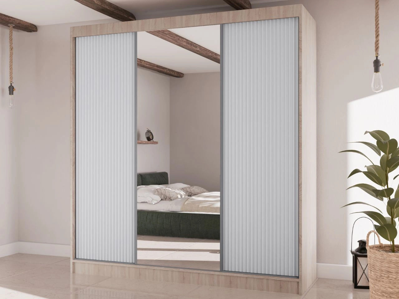 Schiebetürenschrank mit geriffelter Front und Spiegel 200 cm Rivas Eiche Sonoma, Weiß