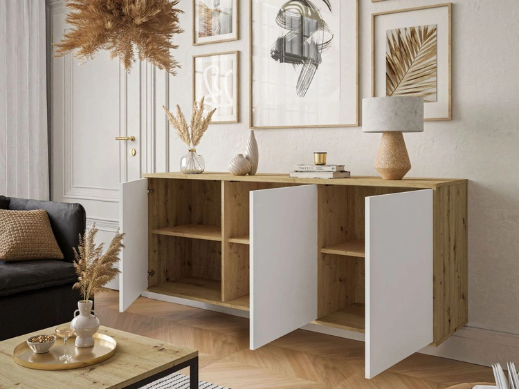 Dreitürige Hängekommode 154 cm im Loft-Stil – Vivance, Weiß matt & Eiche Artisan