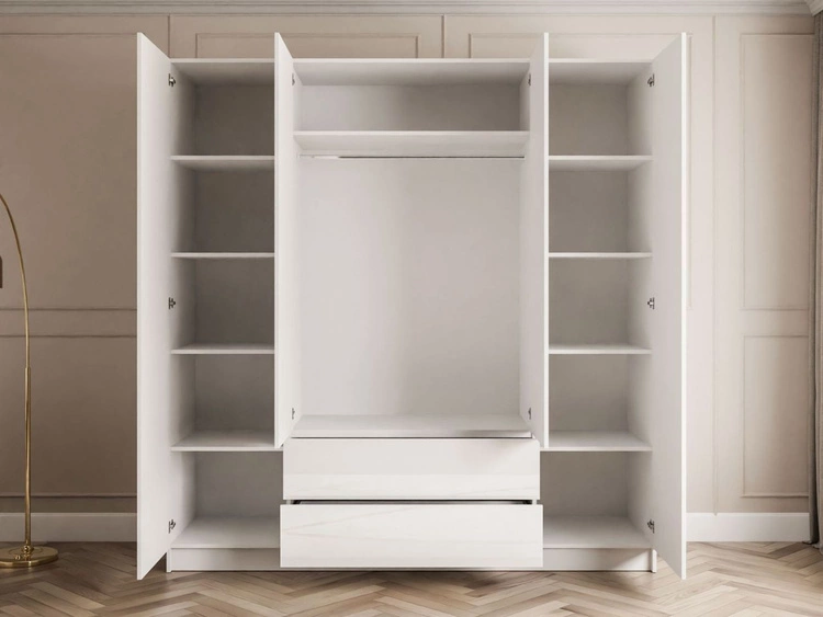 Kleiderschrank mit Drehtüren, Schubladen und Spiegeln Ameli Weiß Hochglanz