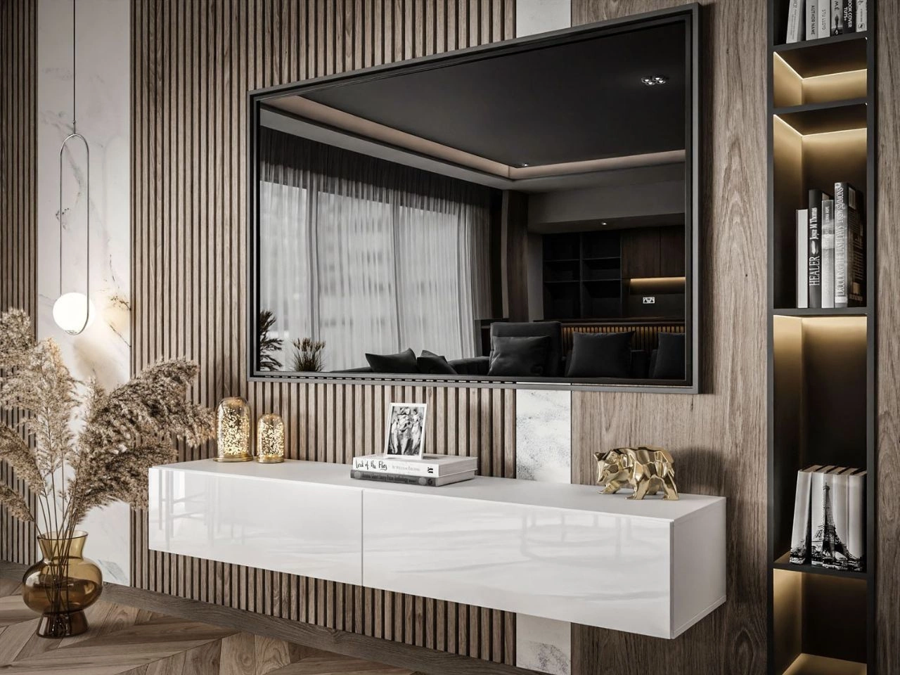 Hängendes TV-Lowboard mit zwei Türen 175 cm Sorelle Weiß Hochglanz