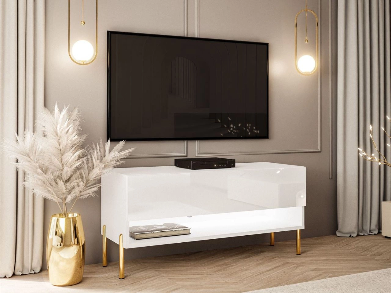 TV-Schrank 90 cm mit LED-Beleuchtung und goldenen Metallbeinen Aurelie Weiß Hochglanz