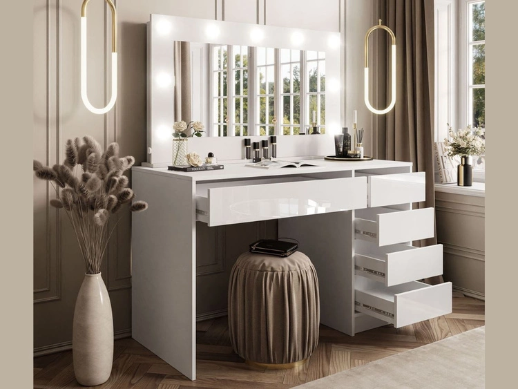 Schminktisch Glamour mit Spiegel, Schubladen und LED Melo Weiß Hochglanz
