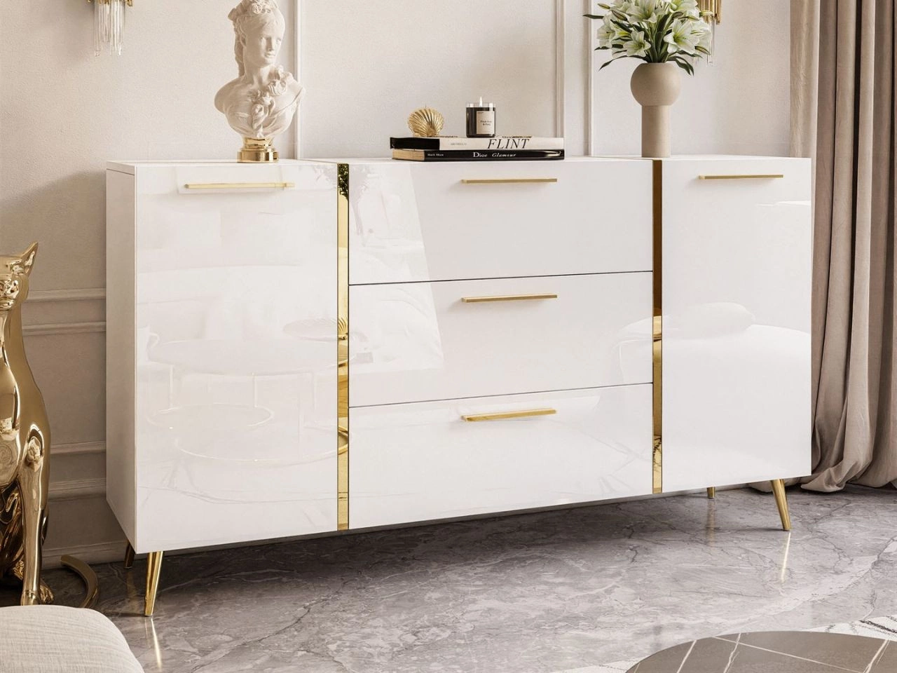 Zweitürige Kommode 158 cm mit drei Schubladen und goldenen Griffen Lunelie Weißglanz