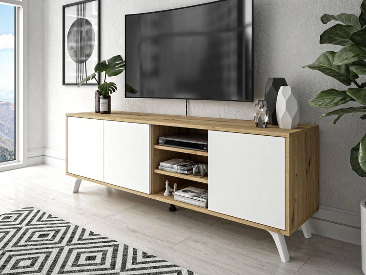 TV-Lowboard mit Türen und weißen Beinen Vivance Weiß & Eiche Artisan