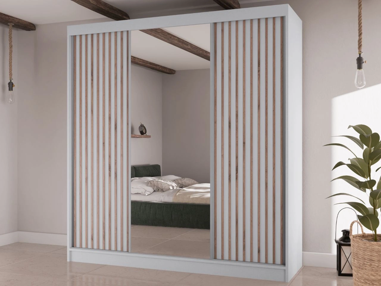 Schiebetürenschrank mit Lamellen und Spiegel 200 cm Lucena Weiß