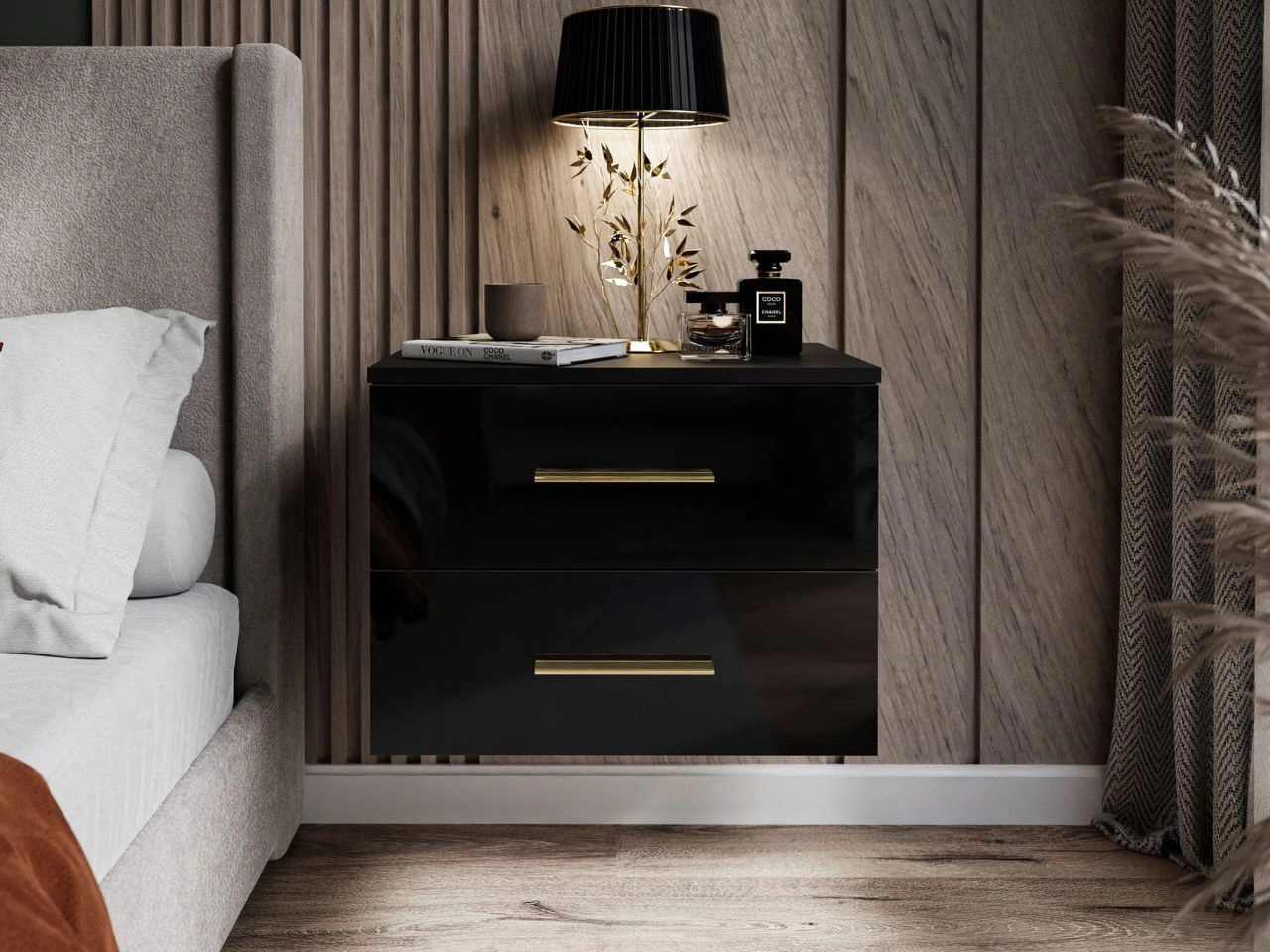 Hängender Nachttisch mit zwei Schubladen Nuveo Schwarz Hochglanz