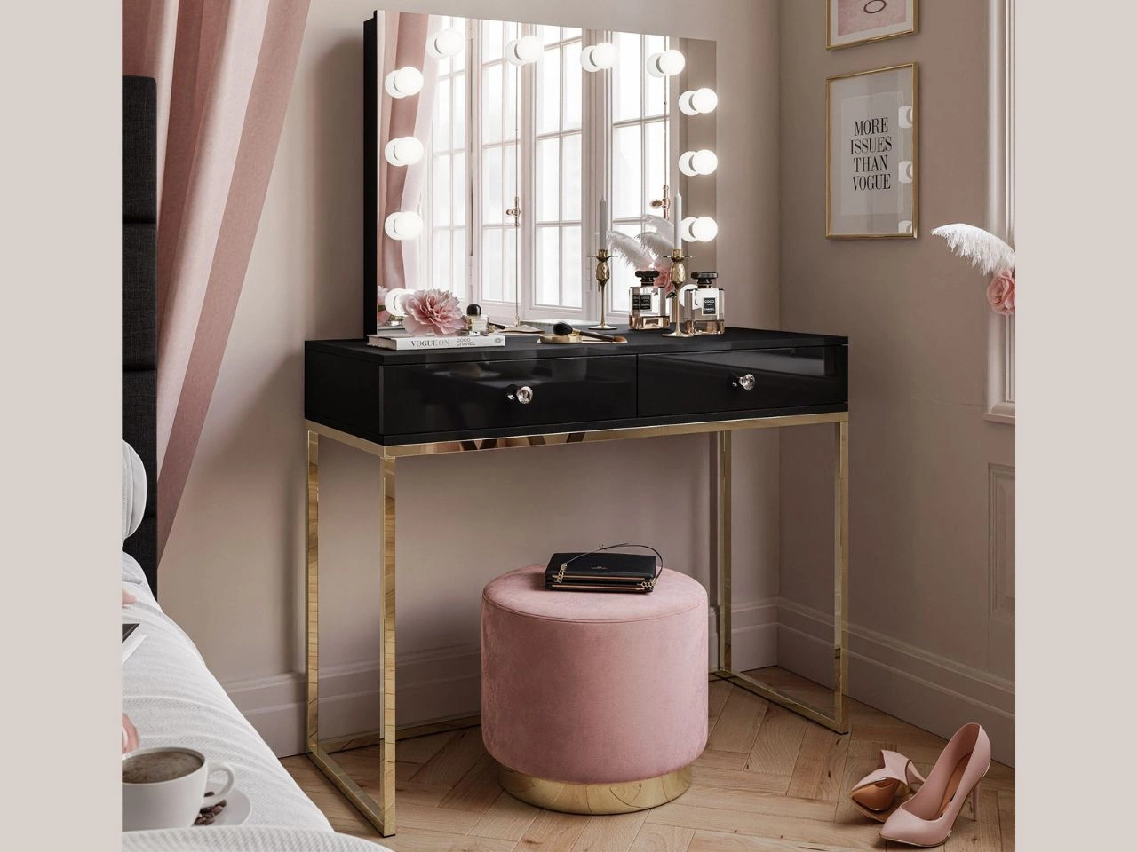 Schminktisch Glamour mit Schubladen, Spiegel und LED-Beleuchtung Brisa Schwarz Hochglanz