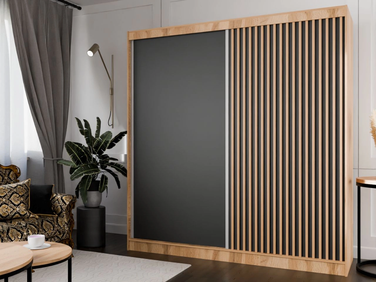 Schiebetürenschrank mit Lamellen 200 cm Loreto Handwerk Goldene Eiche, Schwarz