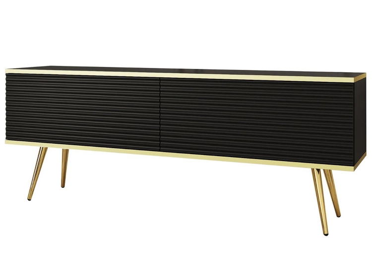 TV-Lowboard mit Türen 135 cm Diolo Schwarz mit geriffelter Vorderseit auf goldenen Beinen