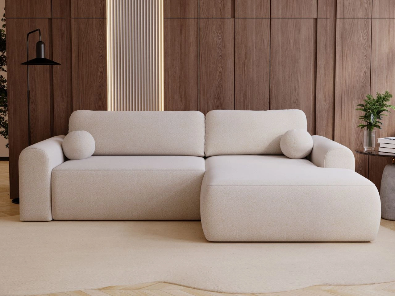 Ecksofa L-Form mit Schlaffunktion und Bettkasten Savana Rechts Bouclé-Stoff Creme