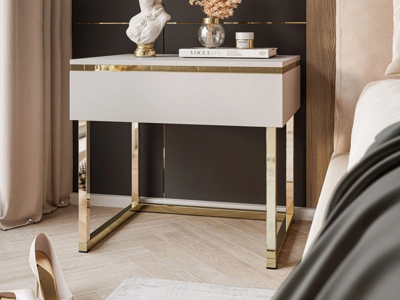 Nachttisch Glamour mit Schublade auf goldenen Gestell Evare Kaschmir
