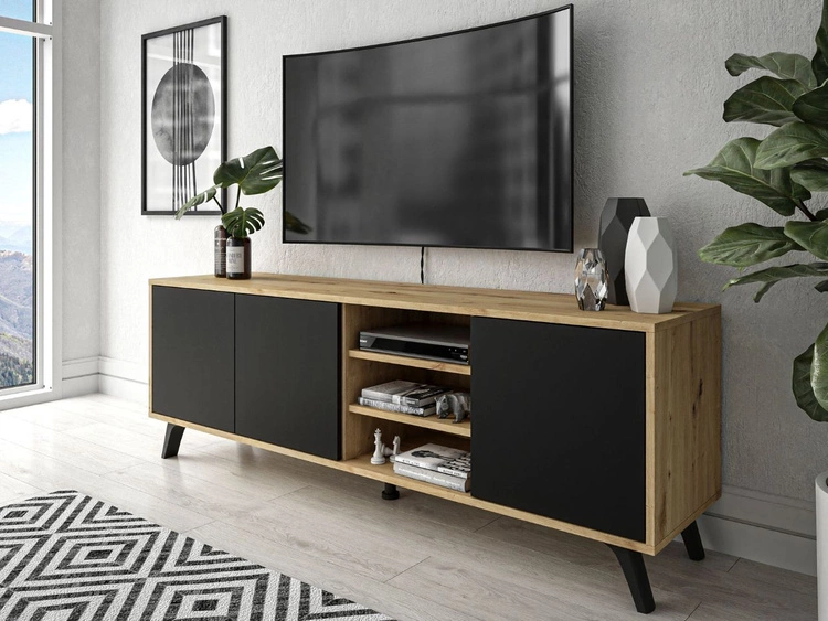 TV-Lowboard mit Türen und schwarzen Beinen Vivance Schwarz und Eiche Artisan