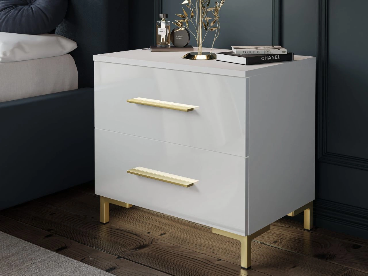 Nachttisch mit Schubladen auf Goldenen Beinen Nuveo Weiß Hochglanz