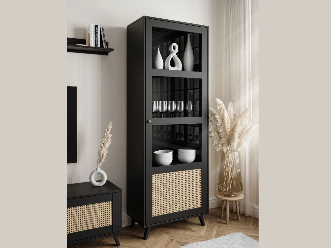 Standvitrine schmale verglasteim Boho-Stil Bellance, schwarz