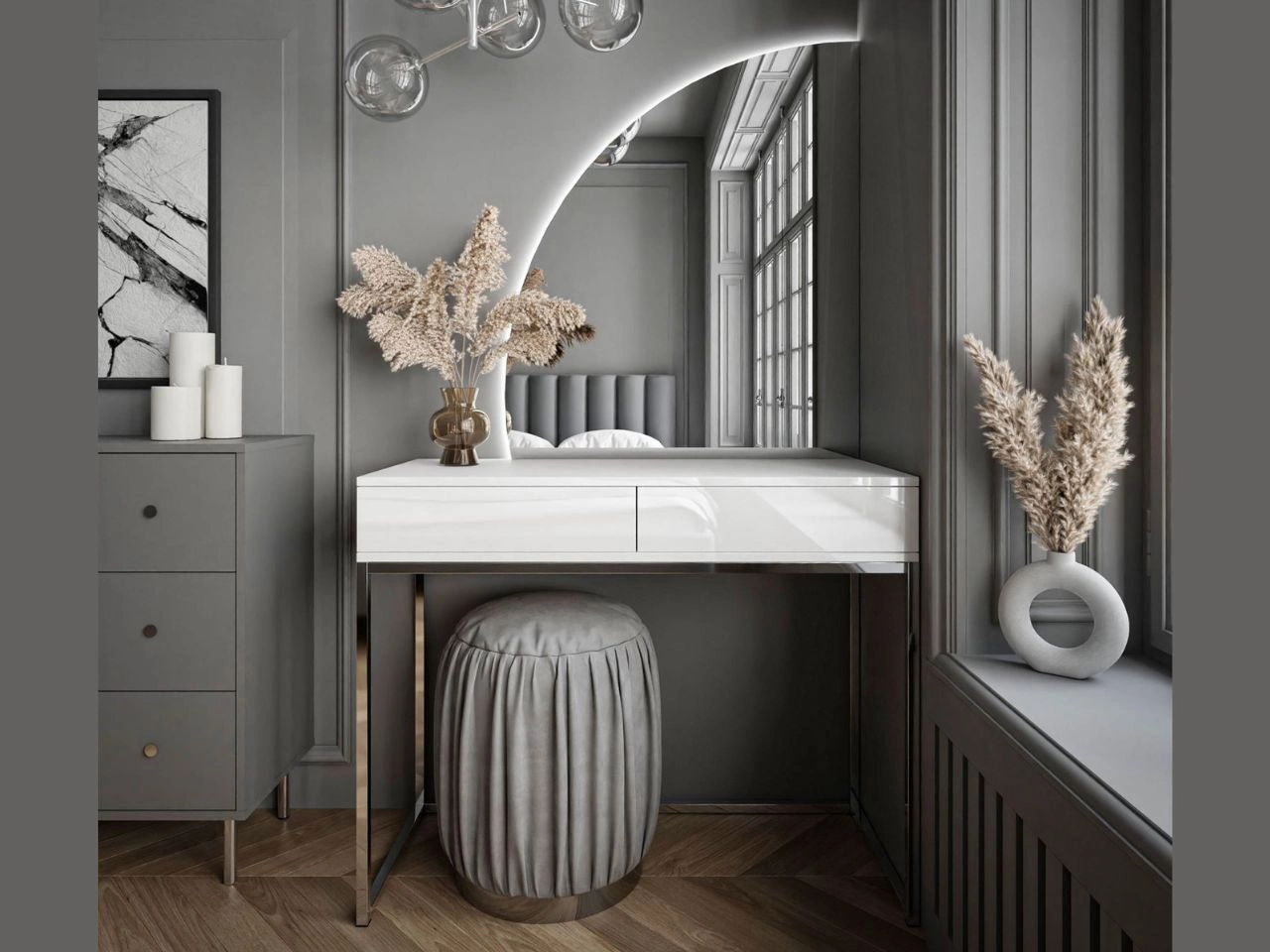 Kosmetiktisch  linksseitig mit Schubladen und LED-Beleuchtung auf silbernen Beinen Clarette Weiß Hochglanz
