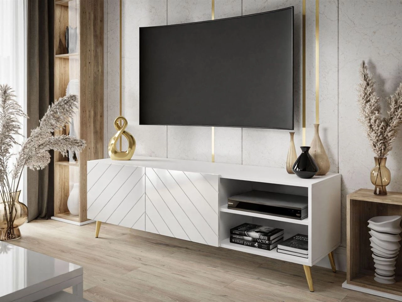 TV-Schrank mit gefrästen Fronten und goldenen Metallbeinen Vionel Weiß glänzend