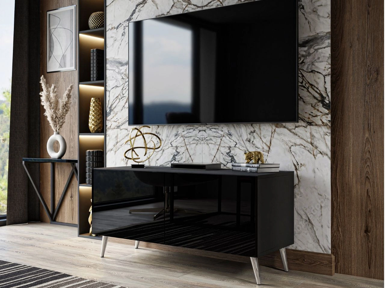 TV-Lowboard mit Türen und LED-Beleuchtung auf Silbernen Metallbeinen 100 cm Noaé Schwarz Hochglanz