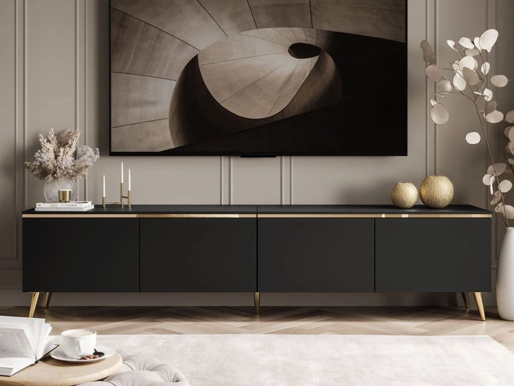 TV-Lowboard viertürig im Glamour-Stil mit LED-Beleuchtung Celle, schwarz matt