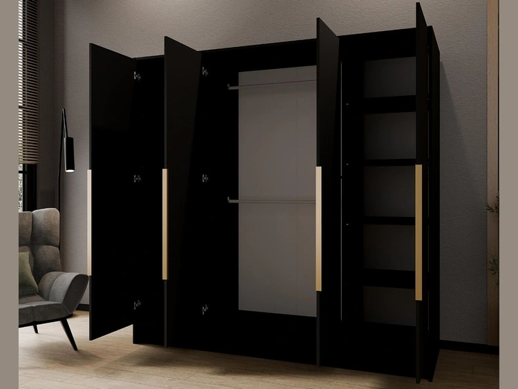 Kleiderschrank mit Spiegel 200 cm Lucca Schwarz mit goldenen Griffen