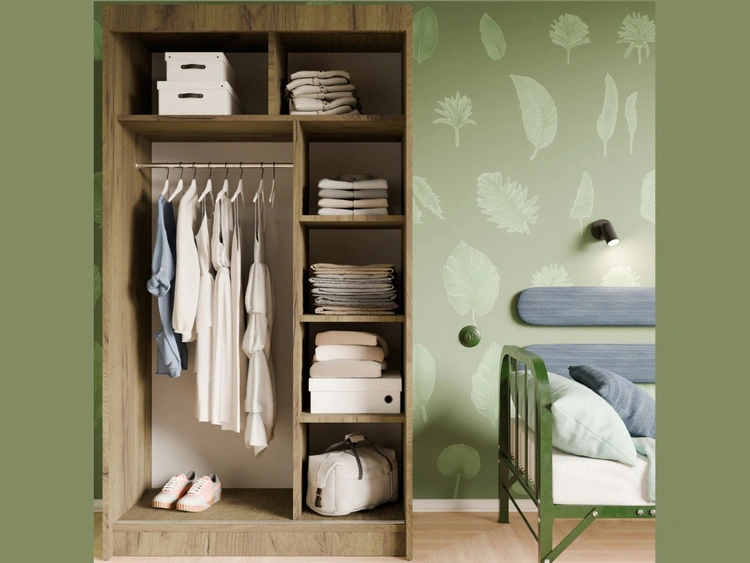 Schiebetürenschrank mit geriffelter Front und Spiegel 120 cm Fano Handwerk Goldene Eiche, Schwarz