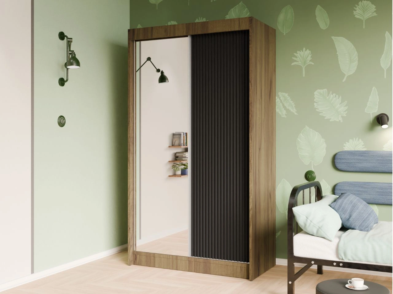 Schiebetürenschrank mit geriffelter Front und Spiegel 120 cm Fano Handwerk Goldene Eiche, Schwarz