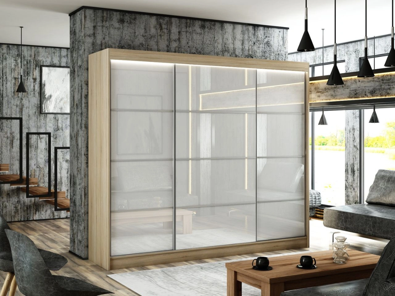 Schiebetürenschrank mit Sprossen 250 cm mit LED-Beleuchtung Ponti Eiche Sonoma, Weiß