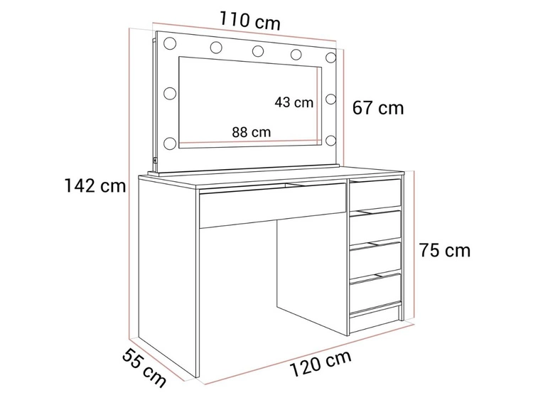 Schminktisch Glamour mit Spiegel, Schubladen und LED Melo Weiß Hochglanz