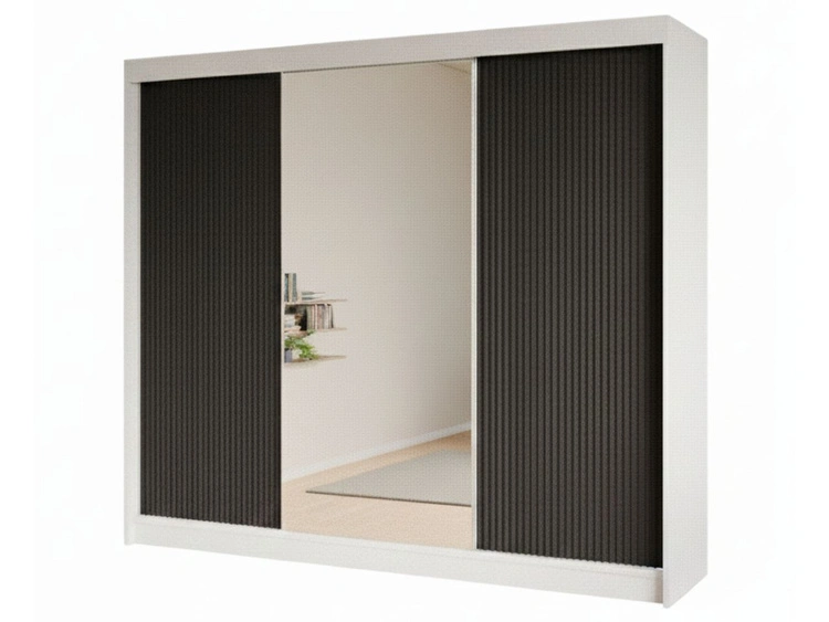 Schiebetürenschrank mit geriffelter Front und Spiegel 250 cm Fano Weiß, Schwarz