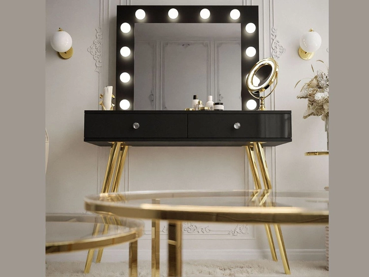 Schminktisch glamour mit Schubladen, Spiegel und LED-Beleuchtung Olivine Schwarz Hochglanz