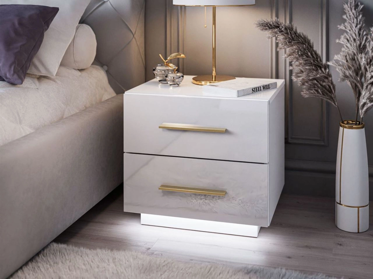 Nachttisch mit zwei Schubladen Nuveo Lux Weiß Hochglanz