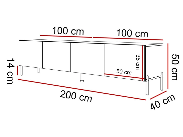 TV-Lowboard mit Türen auf Schwarzen Metallbeinen 200 cm Nodoo Weiß Hochglanz